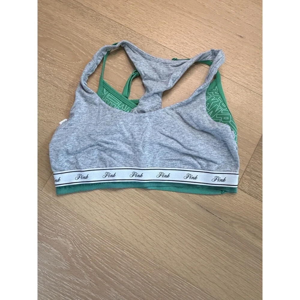 2 Victoria's Secret PINK Sports Bras Size Medium M Gray Green